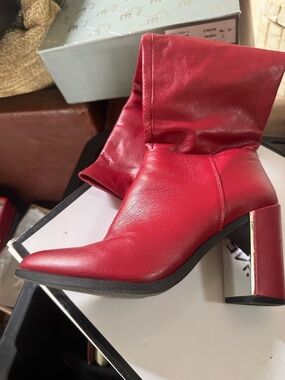 Nine West Red Leather Pointed Block Heel Over-The-Knee Boots